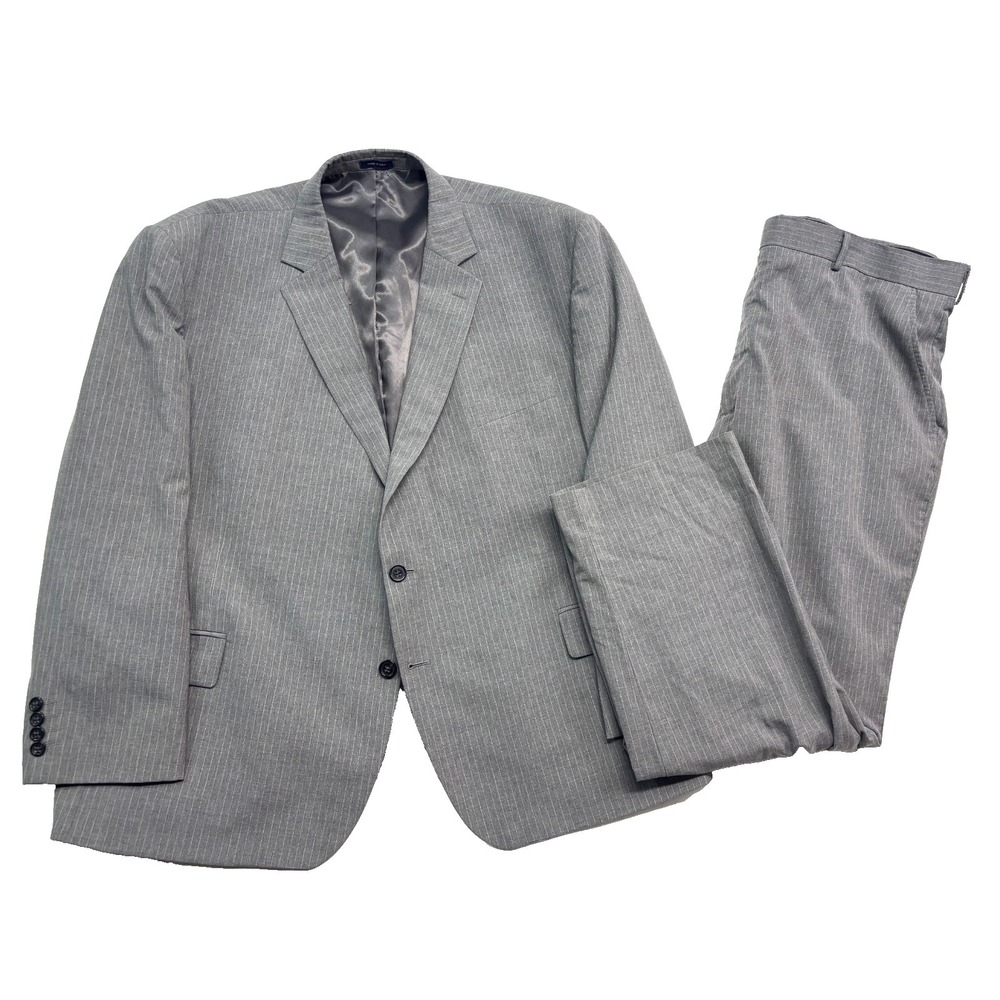 Stafford 52S 44x30 Gray Pinstripe 2pc Pant Suit Wool Travel‎ Flat Front 2 Button